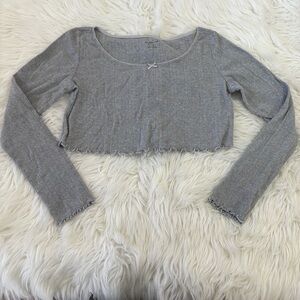 Out From Under Grey Lettuce Hem Long Sleeve Crop Top
